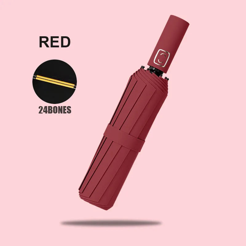 Large 24-Bone Solid Color Automatic Collapsible Umbrella with UV Protection for Outdoor Use