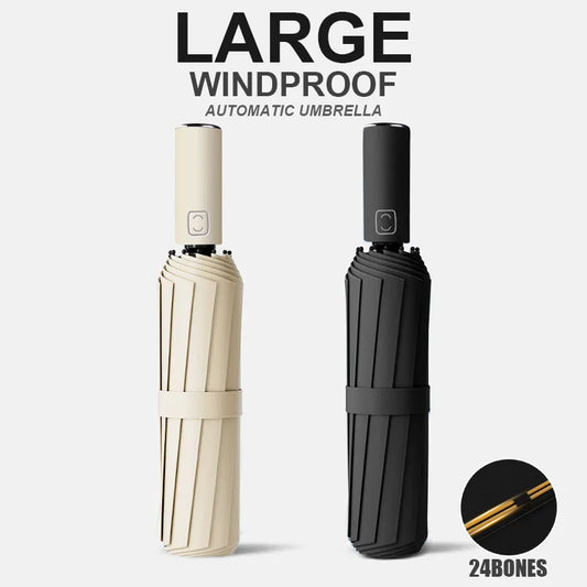 Large 24-Bone Solid Color Automatic Collapsible Umbrella with UV Protection for Outdoor Use