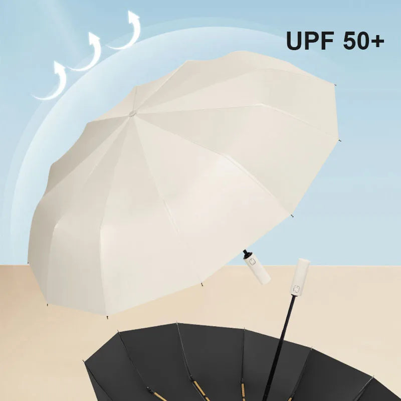 Large 24-Bone Solid Color Automatic Collapsible Umbrella with UV Protection for Outdoor Use